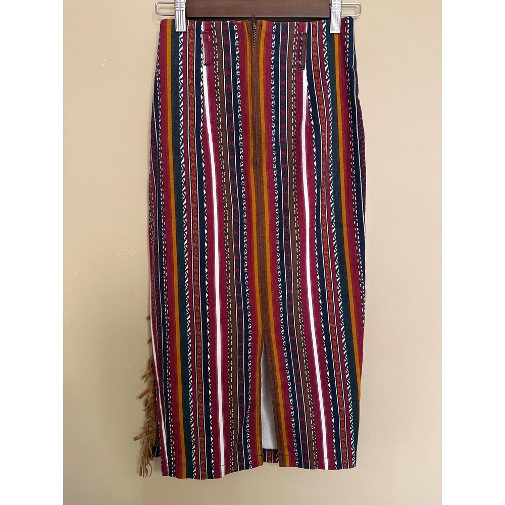 Vintage South western wrap stripe Maxi Skirt Fringe back Slit sz3 Boho  Cowgirl - Picture 5 of 11